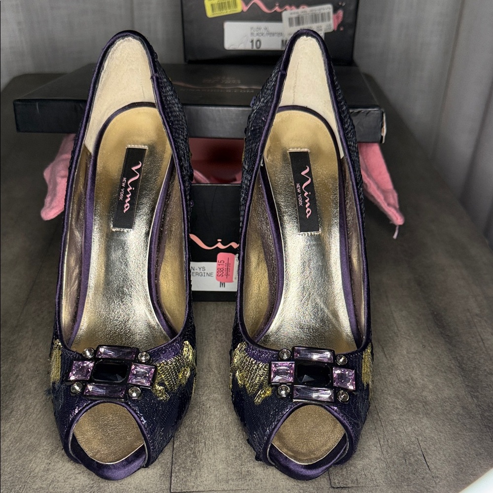 Nina Women's Elegant Purple and Gold Peep Toe Heels